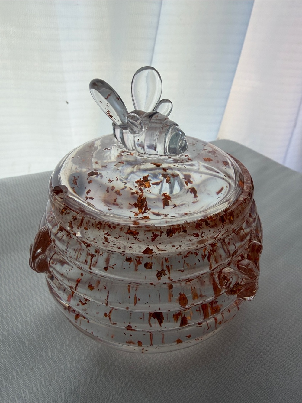 Handmade Resin Honey Jar with Bee Lid - Clear with Gold Flecks
